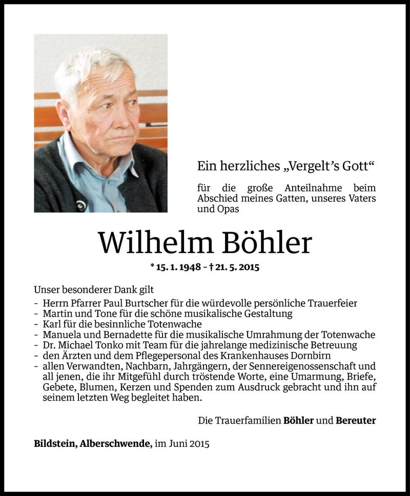  Todesanzeige für Wilhelm Böhler vom 11.06.2015 aus Vorarlberger Nachrichten