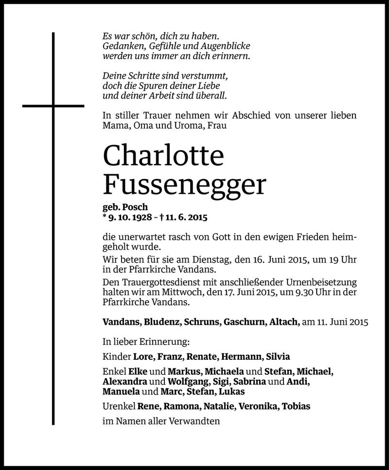  Todesanzeige für Charlotte Fussenegger vom 12.06.2015 aus Vorarlberger Nachrichten