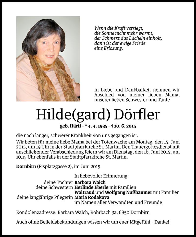  Todesanzeige für Hildegard Dörfler vom 12.06.2015 aus Vorarlberger Nachrichten