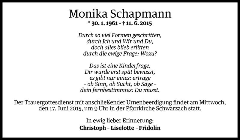  Todesanzeige für Monika Schapmann vom 14.06.2015 aus Vorarlberger Nachrichten