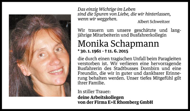  Todesanzeige für Monika Schapmann vom 14.06.2015 aus Vorarlberger Nachrichten