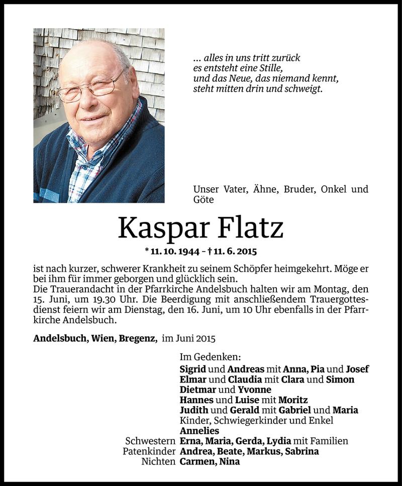  Todesanzeige für Kaspar Flatz vom 14.06.2015 aus Vorarlberger Nachrichten