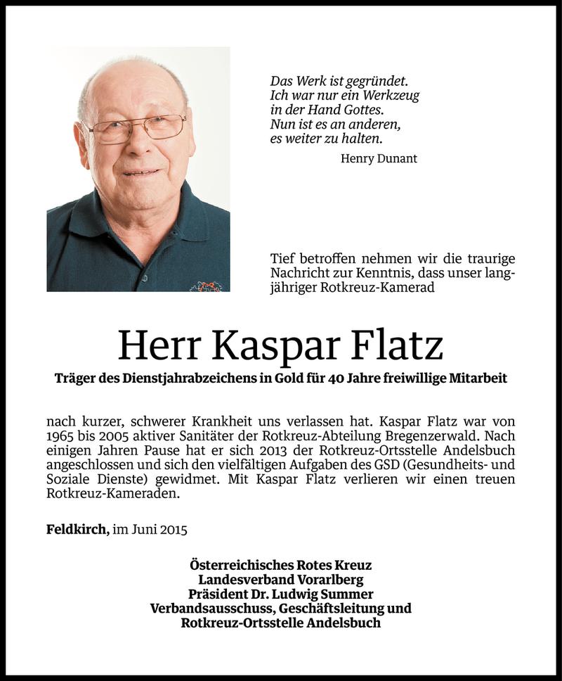  Todesanzeige für Kaspar Flatz vom 14.06.2015 aus Vorarlberger Nachrichten