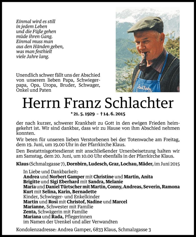  Todesanzeige für Franz Schlachter vom 16.06.2015 aus Vorarlberger Nachrichten