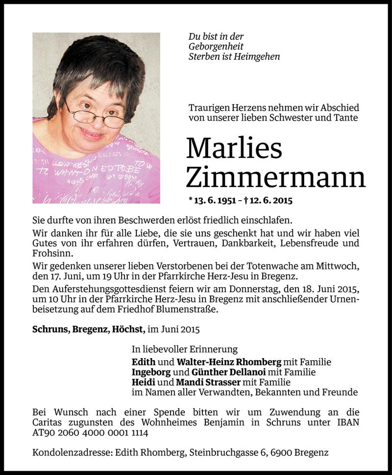  Todesanzeige für Marlies Zimmermann vom 15.06.2015 aus Vorarlberger Nachrichten