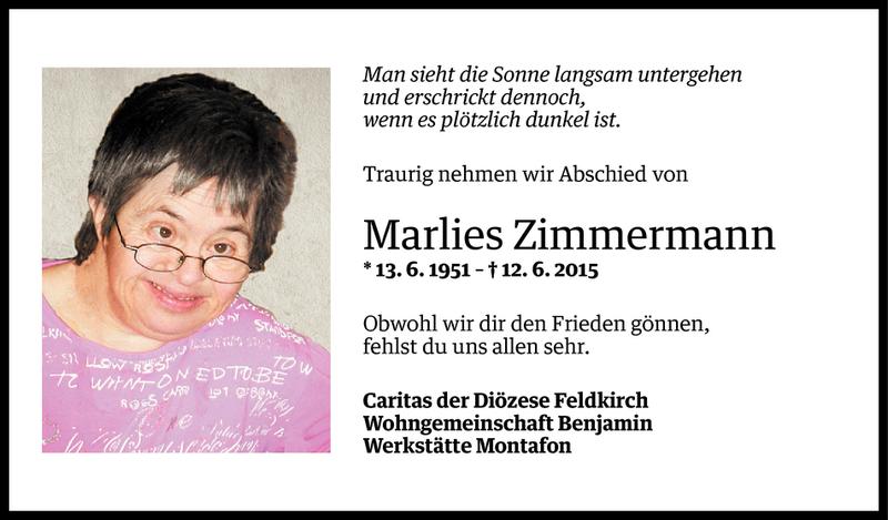  Todesanzeige für Marlies Zimmermann vom 15.06.2015 aus Vorarlberger Nachrichten