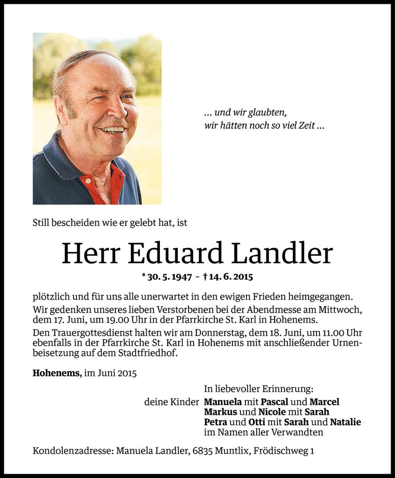  Todesanzeige für Eduard Landler vom 16.06.2015 aus Vorarlberger Nachrichten