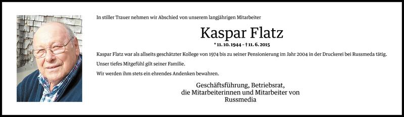  Todesanzeige für Kaspar Flatz vom 15.06.2015 aus Vorarlberger Nachrichten