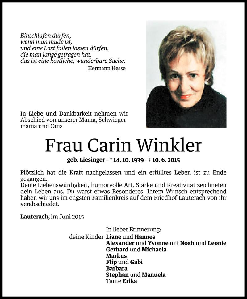  Todesanzeige für Carin Winkler vom 16.06.2015 aus Vorarlberger Nachrichten