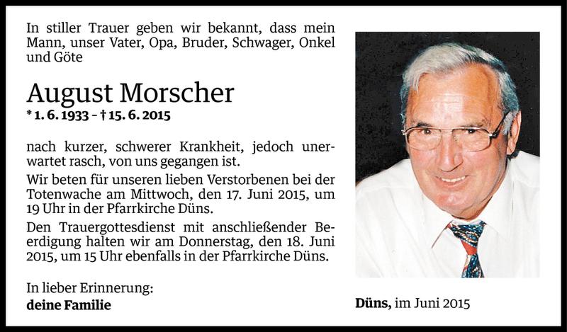  Todesanzeige für August Morscher vom 16.06.2015 aus Vorarlberger Nachrichten