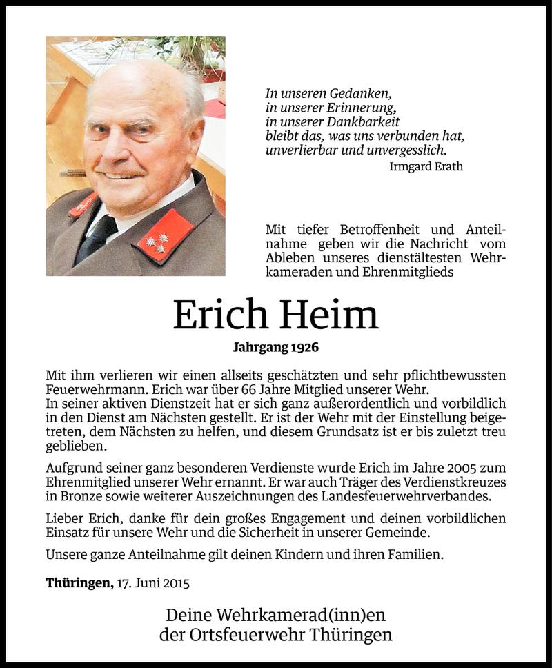  Todesanzeige für Erich Heim vom 16.06.2015 aus Vorarlberger Nachrichten