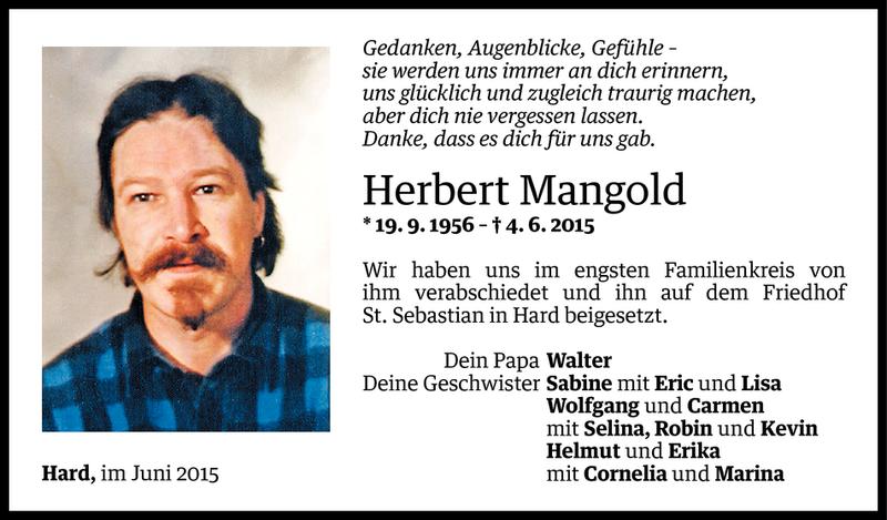  Todesanzeige für Herbert Mangold vom 16.06.2015 aus Vorarlberger Nachrichten