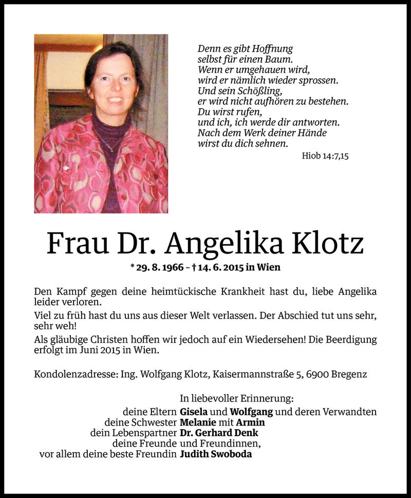  Todesanzeige für Dr. Angelika Klotz vom 20.06.2015 aus Vorarlberger Nachrichten