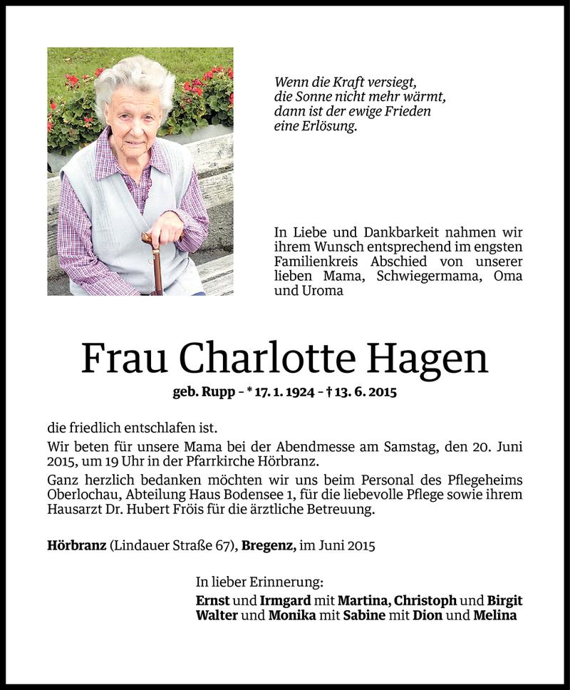  Todesanzeige für Charlotte Hagen vom 17.06.2015 aus Vorarlberger Nachrichten