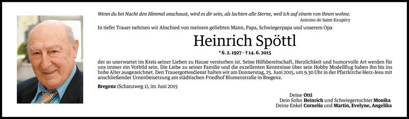  Todesanzeige für Heinrich Spöttl vom 19.06.2015 aus Vorarlberger Nachrichten