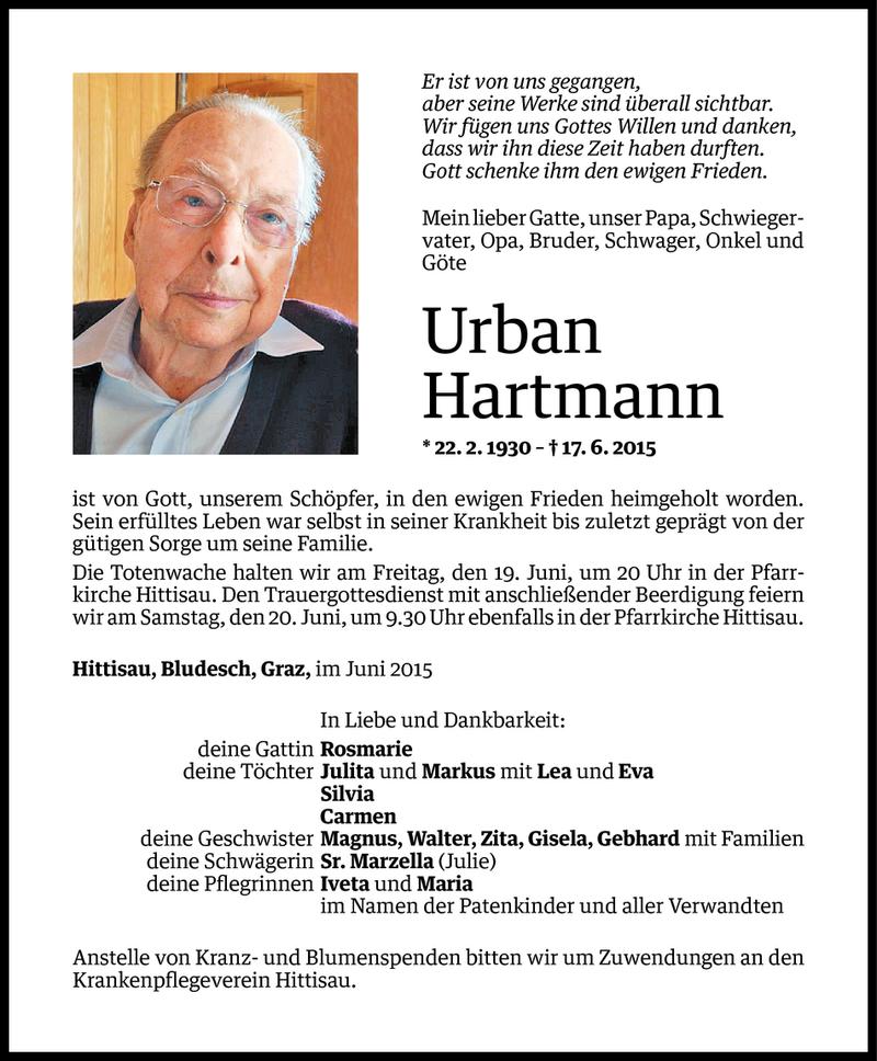  Todesanzeige für Urban Hartmann vom 17.06.2015 aus Vorarlberger Nachrichten