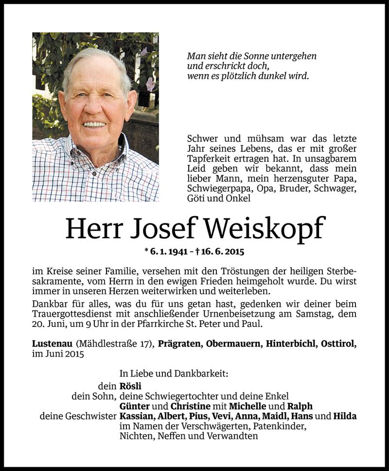  Todesanzeige für Josef Weiskopf vom 17.06.2015 aus Vorarlberger Nachrichten