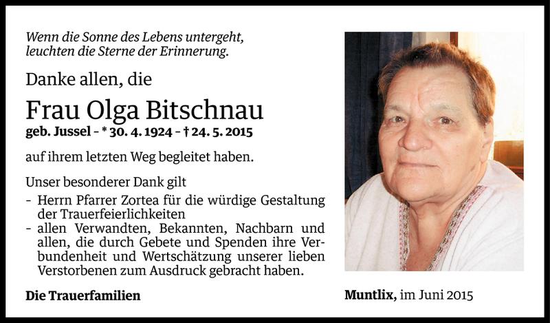  Todesanzeige für Olga Bitschnau vom 18.06.2015 aus Vorarlberger Nachrichten