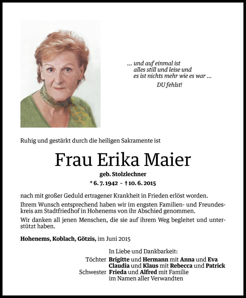  Todesanzeige für Erika Maier vom 19.06.2015 aus Vorarlberger Nachrichten