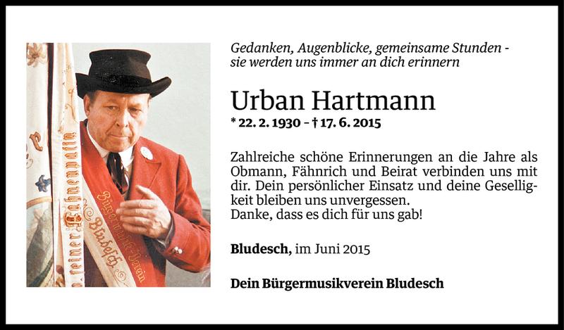  Todesanzeige für Urban Hartmann vom 19.06.2015 aus Vorarlberger Nachrichten