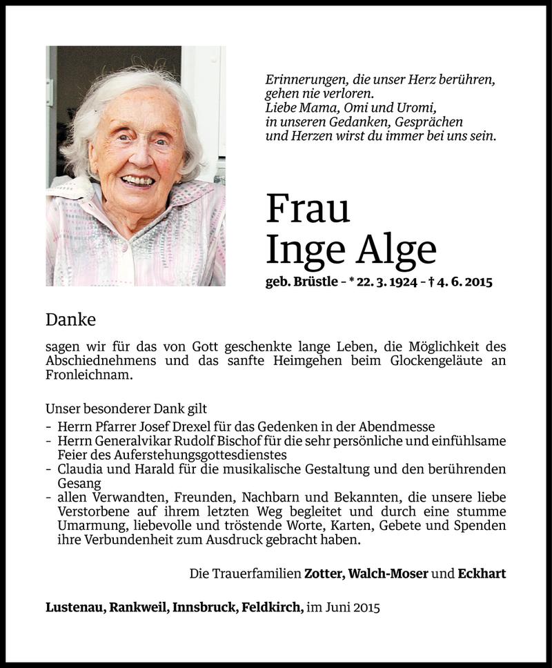  Todesanzeige für Inge Alge vom 19.06.2015 aus Vorarlberger Nachrichten