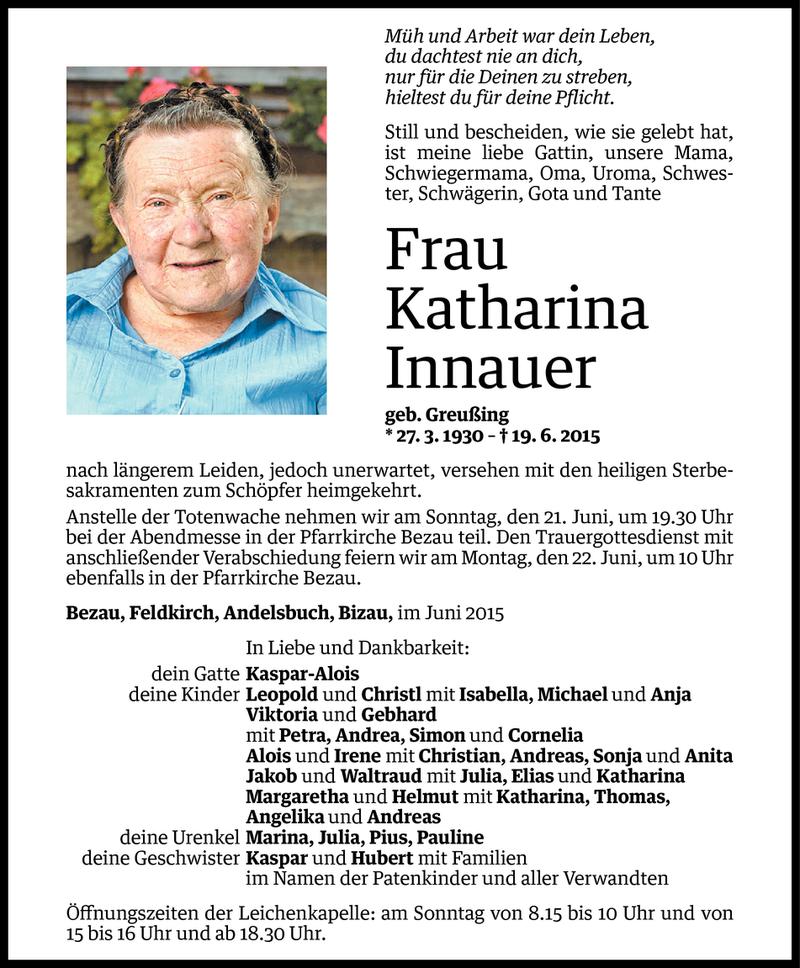  Todesanzeige für Katharina Innauer vom 19.06.2015 aus Vorarlberger Nachrichten