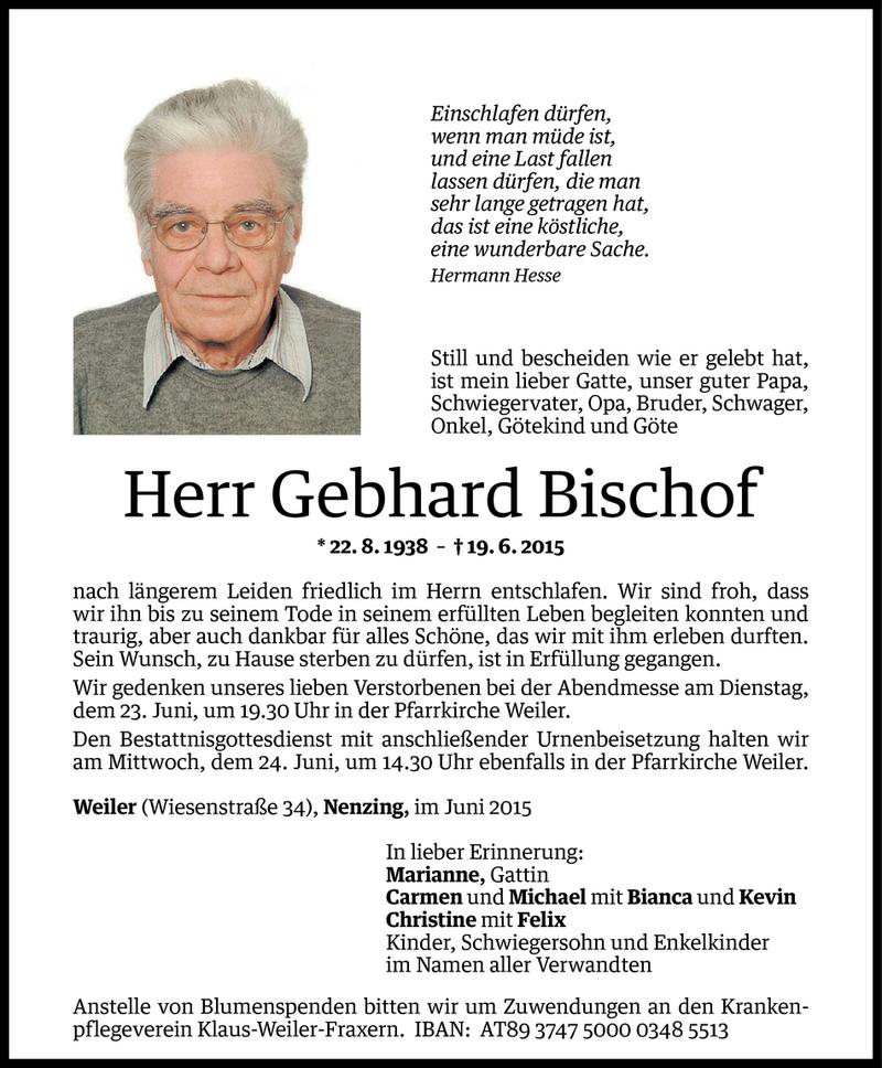  Todesanzeige für Gebhard Bischof vom 22.06.2015 aus Vorarlberger Nachrichten