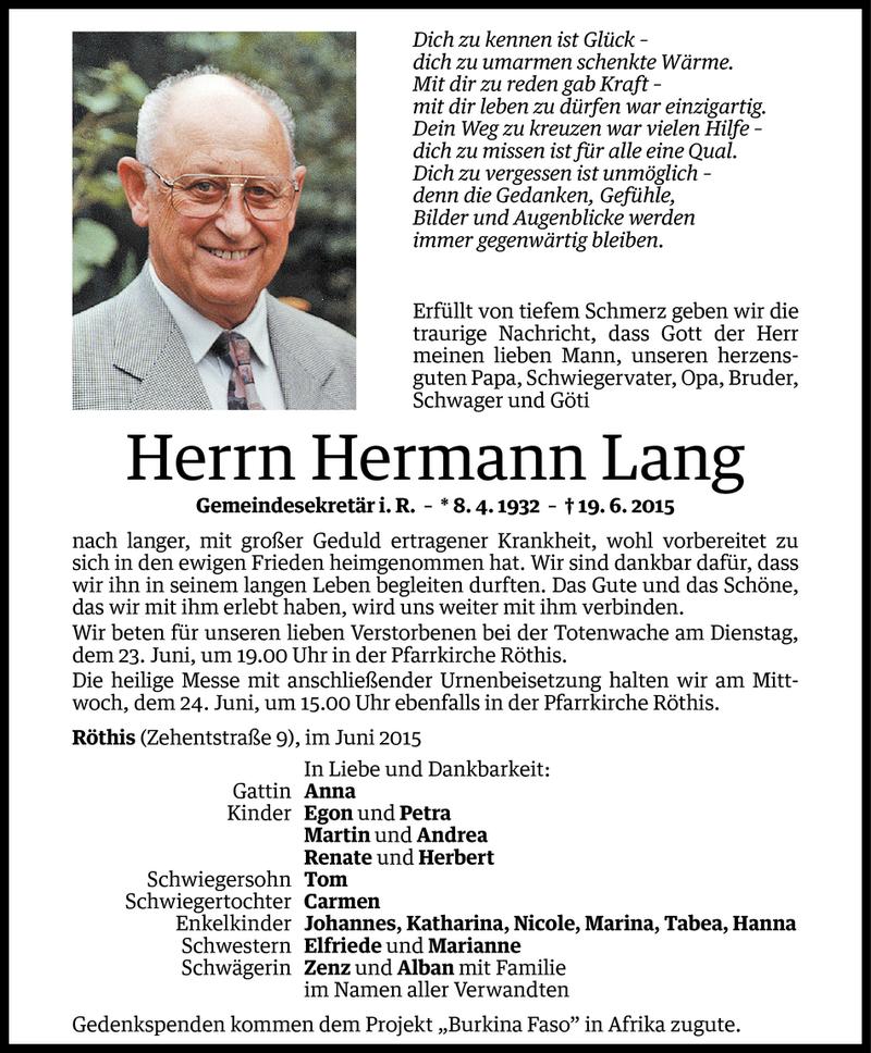  Todesanzeige für Hermann Lang vom 22.06.2015 aus Vorarlberger Nachrichten