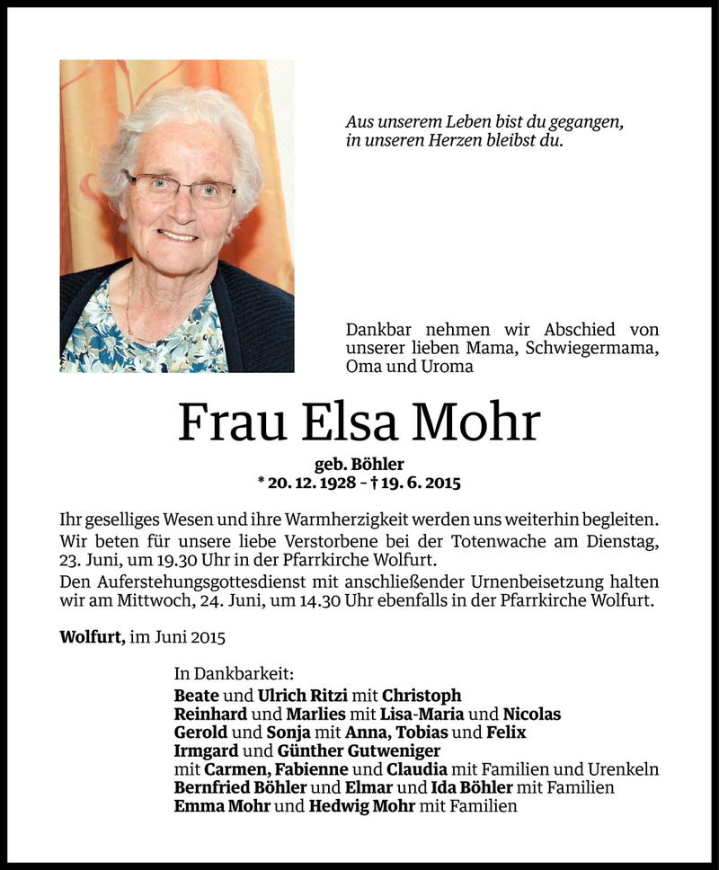  Todesanzeige für Elsa Mohr vom 22.06.2015 aus Vorarlberger Nachrichten