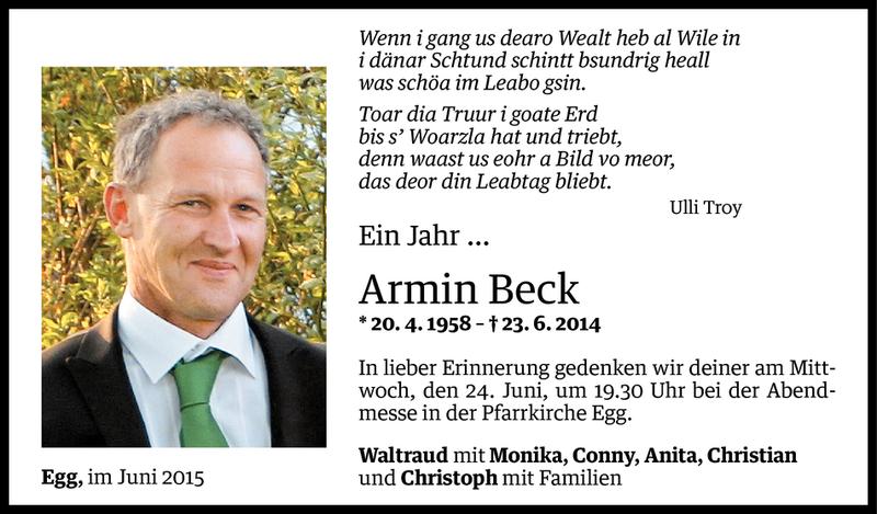  Todesanzeige für Armin Beck vom 22.06.2015 aus Vorarlberger Nachrichten