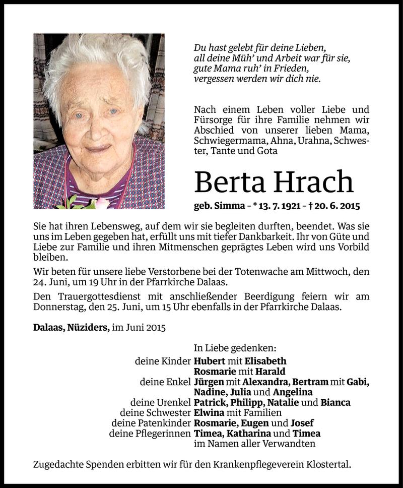  Todesanzeige für Berta Hrach vom 23.06.2015 aus Vorarlberger Nachrichten