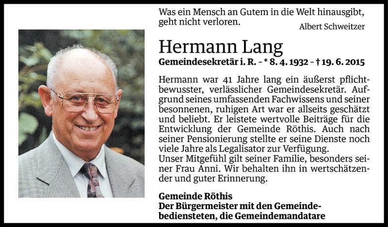  Todesanzeige für Hermann Lang vom 22.06.2015 aus Vorarlberger Nachrichten