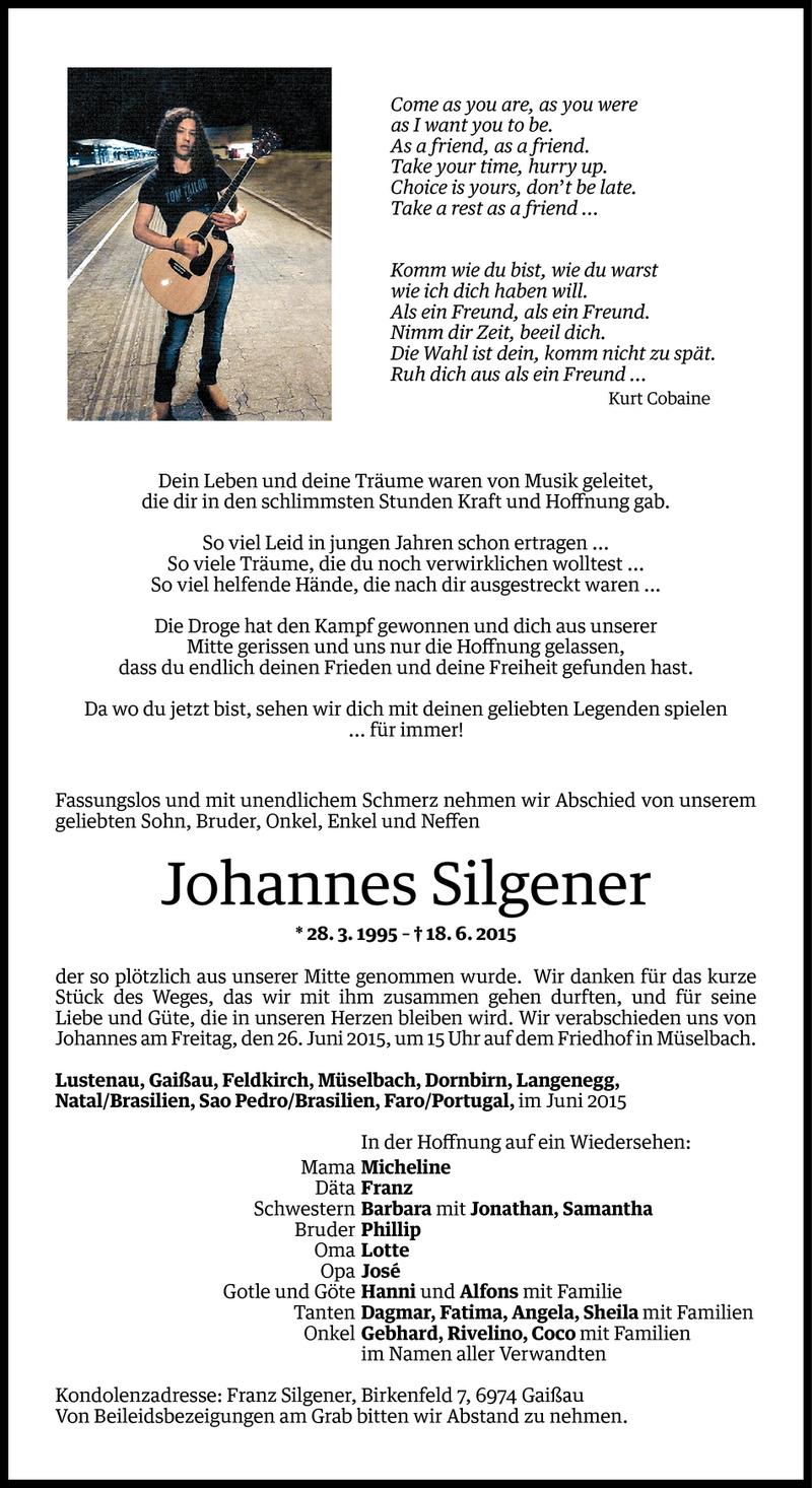  Todesanzeige für Johannes Silgener vom 23.06.2015 aus Vorarlberger Nachrichten