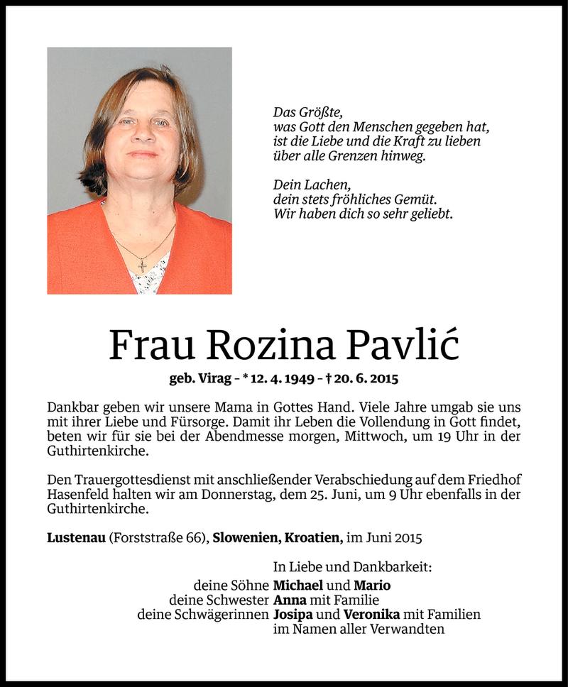  Todesanzeige für Rozina Pavlic vom 22.06.2015 aus Vorarlberger Nachrichten