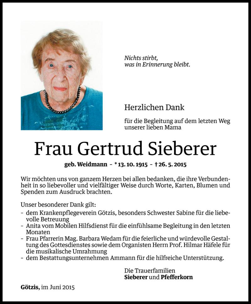 Todesanzeige für Gertrud Sieberer vom 25.06.2015 aus Vorarlberger Nachrichten