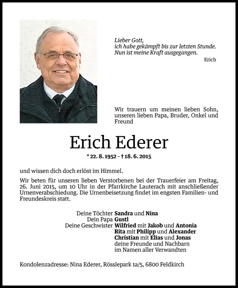  Todesanzeige für Erich Ederer vom 23.06.2015 aus Vorarlberger Nachrichten