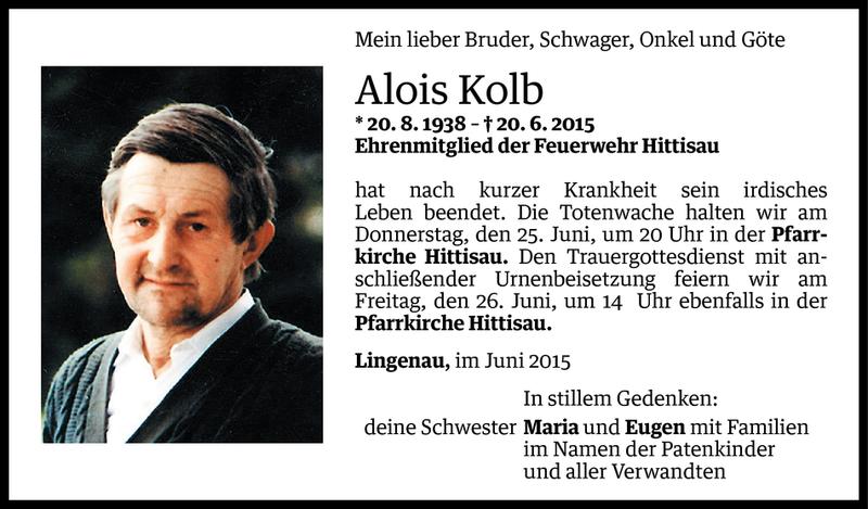  Todesanzeige für Alois Kolb vom 23.06.2015 aus Vorarlberger Nachrichten