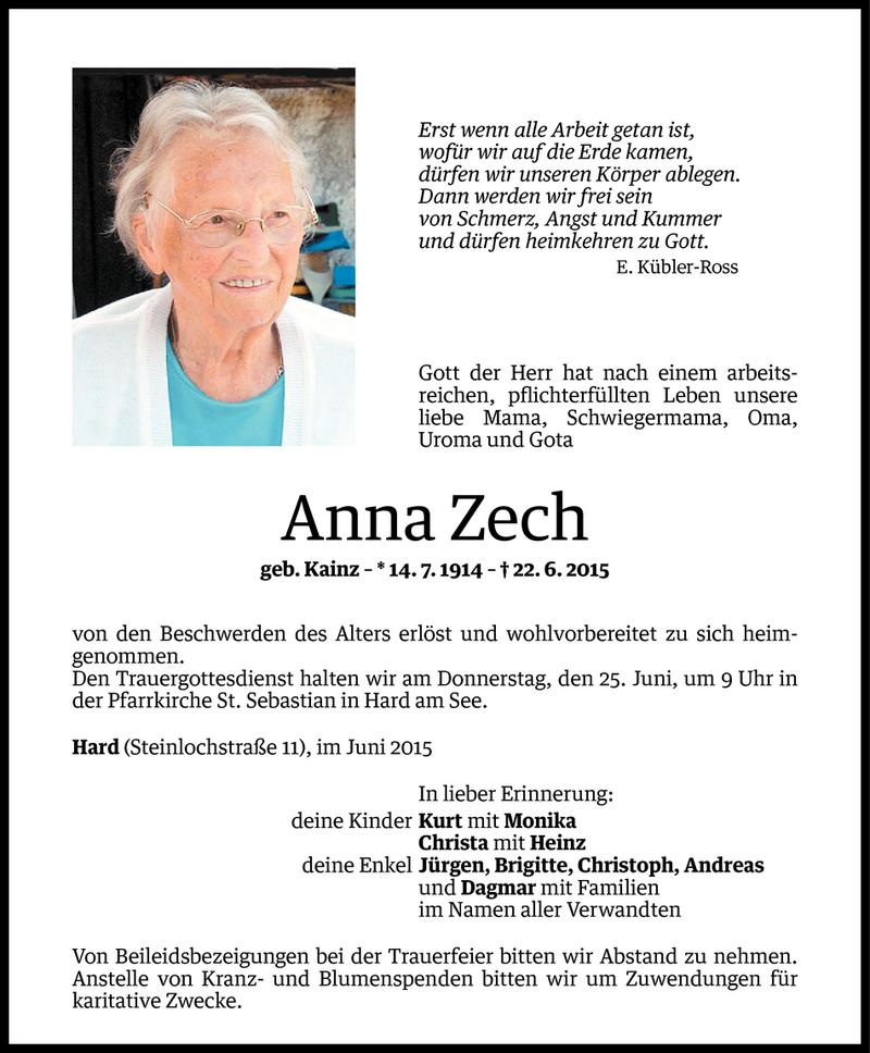  Todesanzeige für Anna Zech vom 23.06.2015 aus Vorarlberger Nachrichten