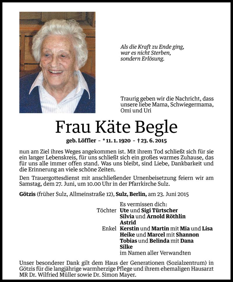  Todesanzeige für Käte Begle vom 25.06.2015 aus Vorarlberger Nachrichten