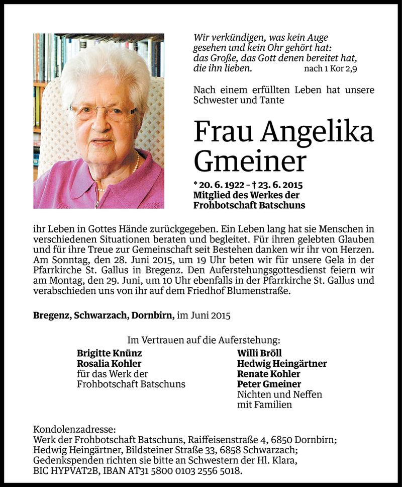  Todesanzeige für Angelika Gmeiner vom 24.06.2015 aus Vorarlberger Nachrichten