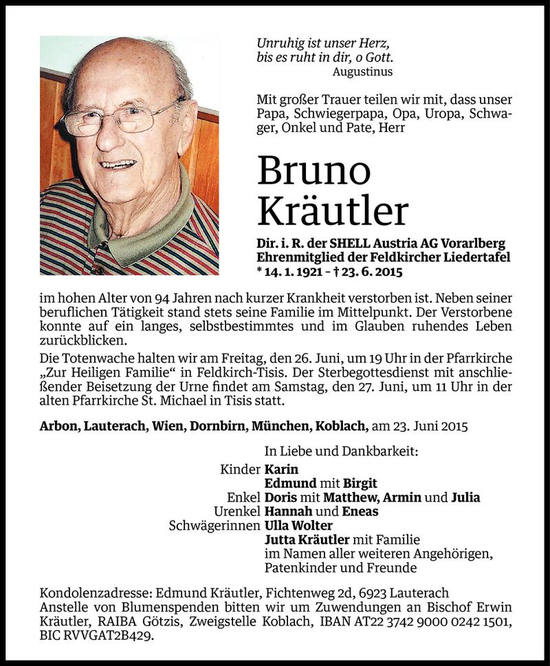  Todesanzeige für Bruno Kräutler vom 24.06.2015 aus Vorarlberger Nachrichten