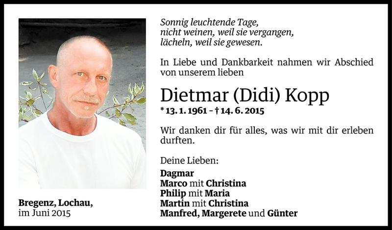 Todesanzeige für Dietmar Kopp vom 27.06.2015 aus Vorarlberger Nachrichten