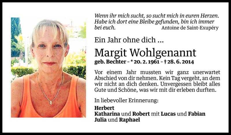  Todesanzeige für Margit Karoline Wohlgenannt vom 26.06.2015 aus Vorarlberger Nachrichten