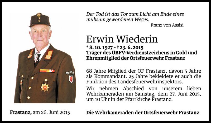  Todesanzeige für Erwin Wiederin vom 26.06.2015 aus Vorarlberger Nachrichten