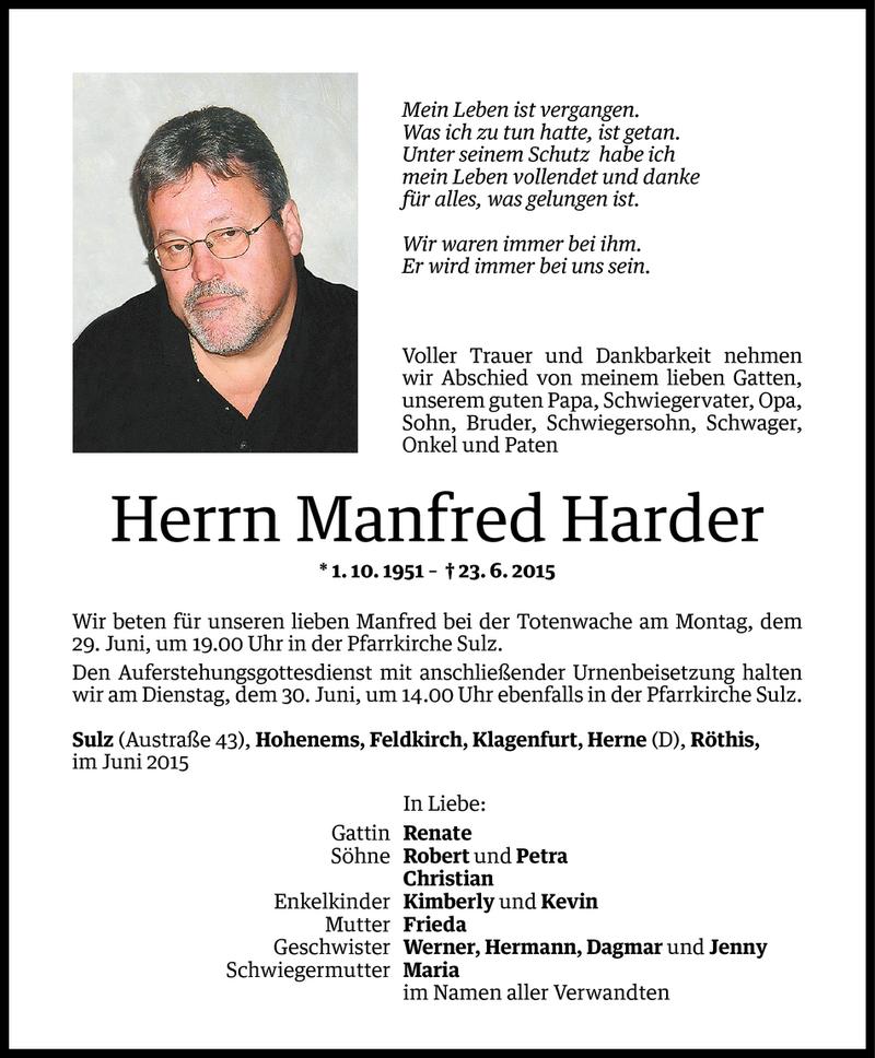  Todesanzeige für Manfred Harder vom 26.06.2015 aus Vorarlberger Nachrichten