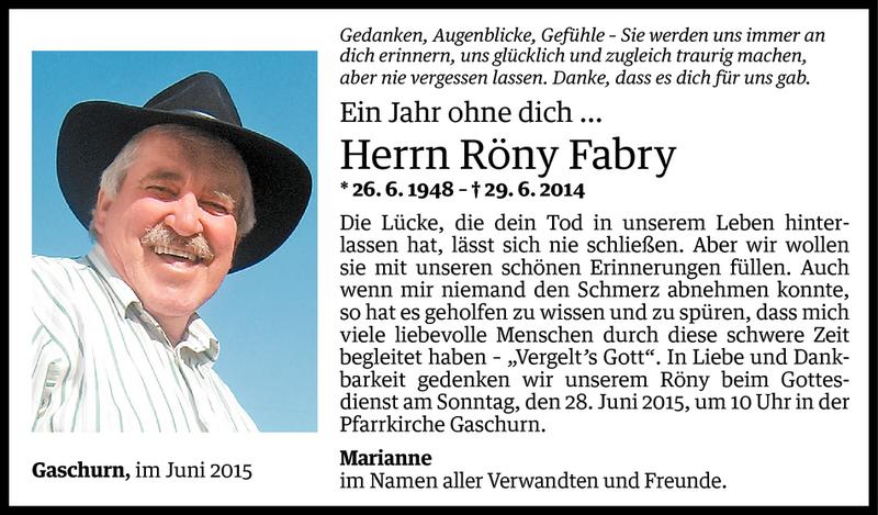  Todesanzeige für Röny Fabry vom 26.06.2015 aus Vorarlberger Nachrichten