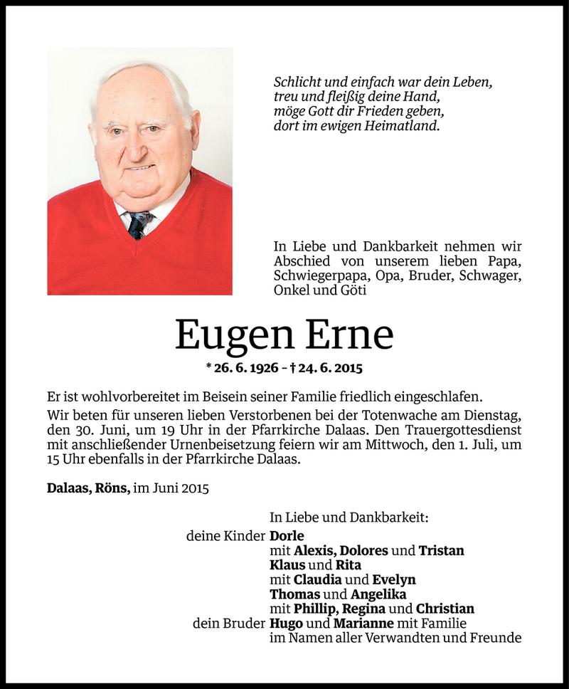  Todesanzeige für Eugen Erne vom 27.06.2015 aus Vorarlberger Nachrichten