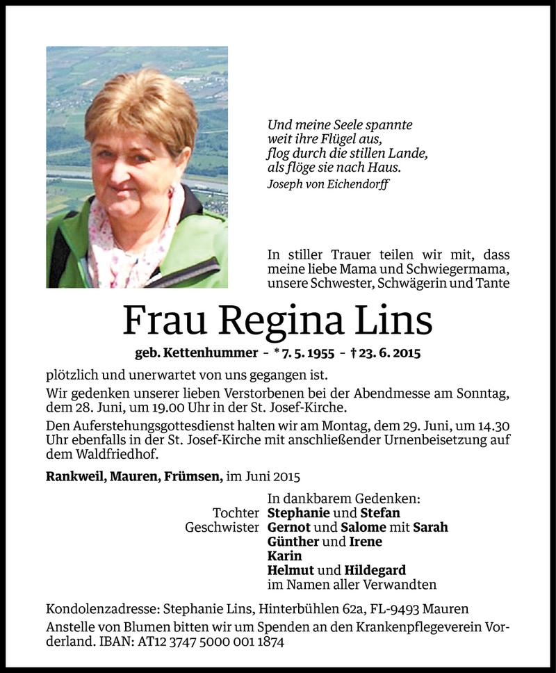  Todesanzeige für Regina Lins vom 27.06.2015 aus Vorarlberger Nachrichten