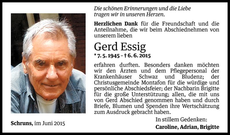  Todesanzeige für Gerd Essig vom 26.06.2015 aus Vorarlberger Nachrichten