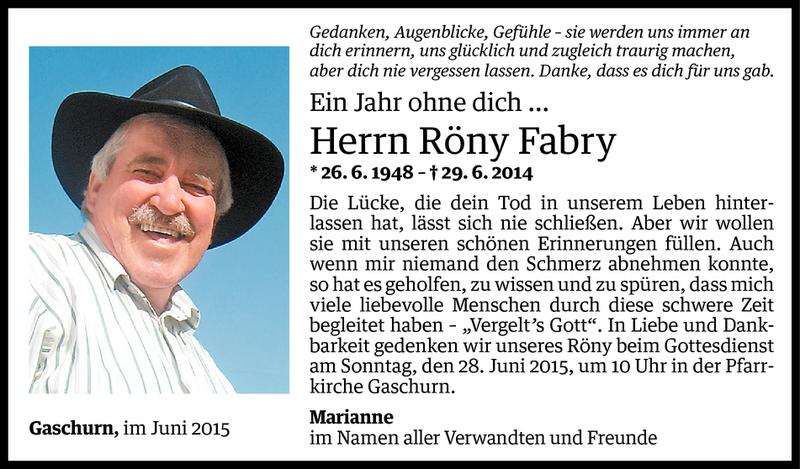 Todesanzeige für Röny Fabry vom 26.06.2015 aus Vorarlberger Nachrichten